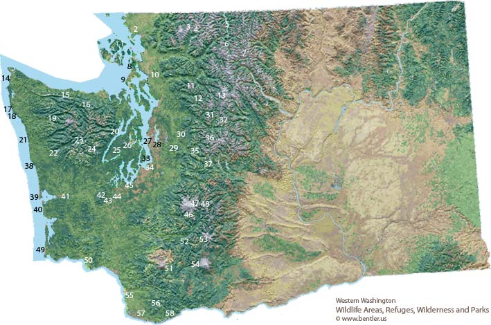 Map of Western Washington wildlife viewing and wilderness areas, refuges, and parks